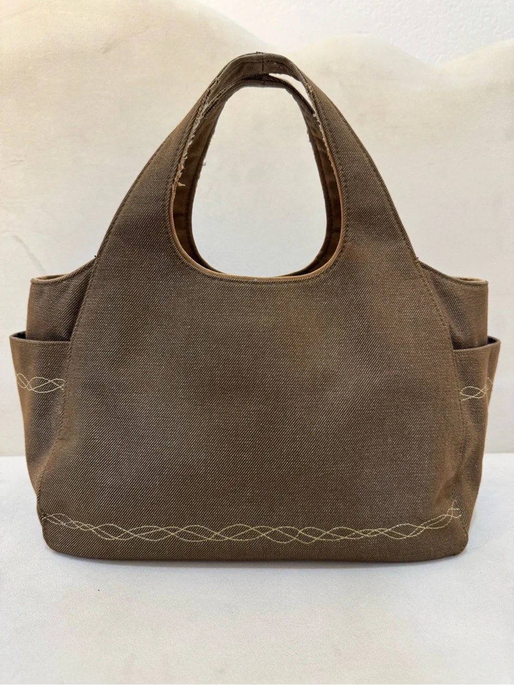 Savoy Denim Hand Bag with Gold Embroidered Logo & Pattern | Vintage Y2K Style